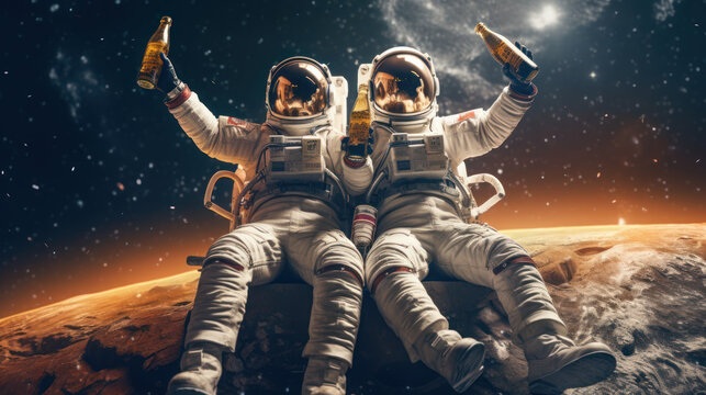 male and friend in space suits happily freedom holding craft beer bottle cheer on the moon