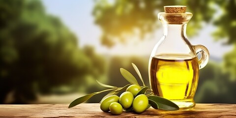 AI Generated. AI Generative. Olive oil on wooden background table nature outdoor mock up decoration. Graphic Art