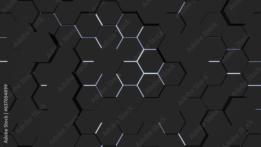 Poster screensaver for intro. neon hexagons on a gray background. rendering video footage.