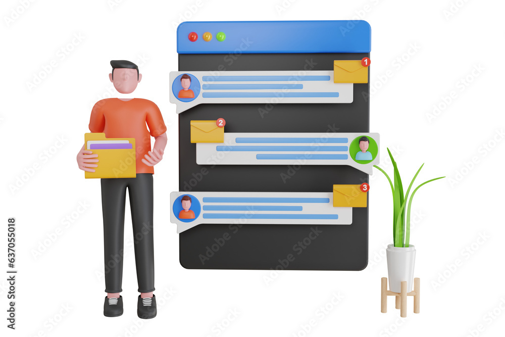 Poster 3d illustration of businessman sending or receiving letters. email inbox message notification. new u