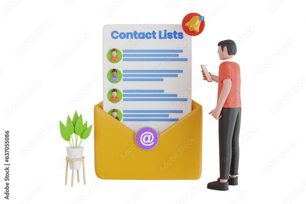Poster 3d illustration of email contact list apps for mobile. concept for email list, mailing list and cont