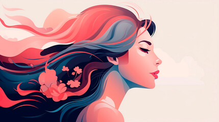 Beautiful girl with long hair and flowers in her hair. vector illustration.