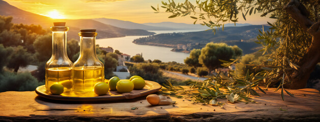 A bottle of olive oil and olives on a wooden table near olive trees and a mediterranean landscape as background