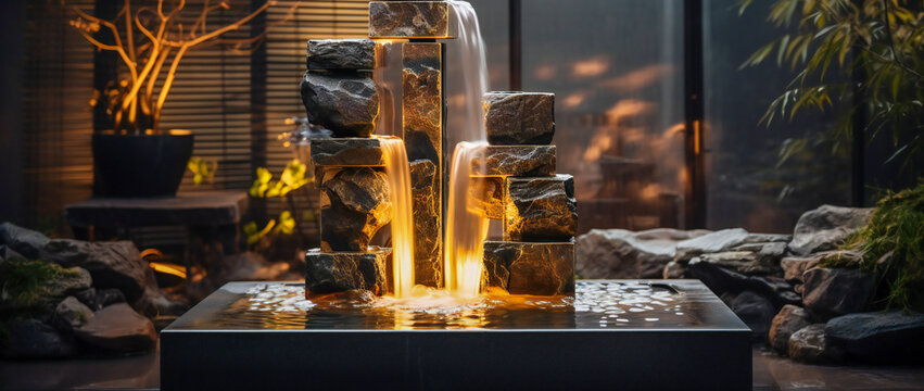 An outdoor fountain display illuminated in the evening. Garden landscape design concept.