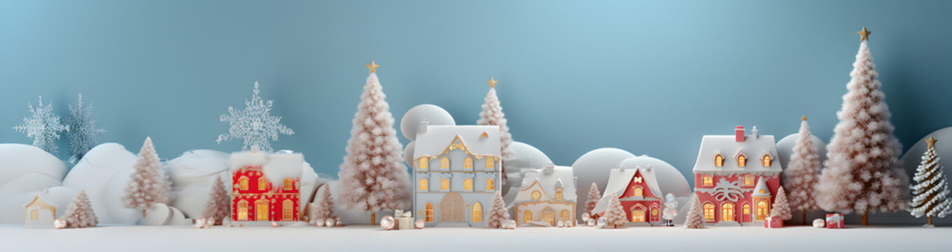 frise sur le th&egrave;me de No&euml;l avec un paysage de village enneig&eacute;e 