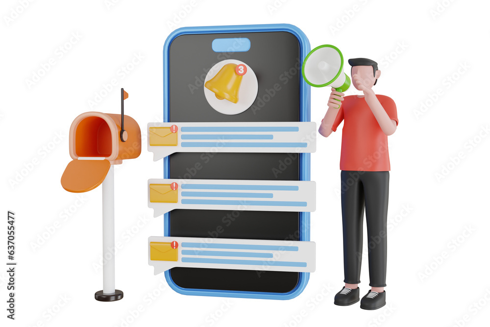 Poster email notification 3d illustration. envelope with incoming message on smartphone screen. message inb