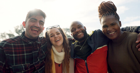 Fototapeta na wymiar Group, couple of friends and faces laughing outdoor for fun, quality time or relax together. Portrait of happy men, women and diversity of people hug for support, freedom or funny double date at park