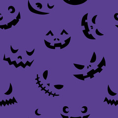 Line art doodle simple seamless pattern with different spooky creepy funny eyes and smiles halloween party backdrop.On purple background
