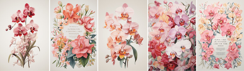 Fototapeta Pink floral greeting cards. Vector illustrations of elegant orchid flowers frames, vintage plants and pattern for wedding invitations, background or poster obraz