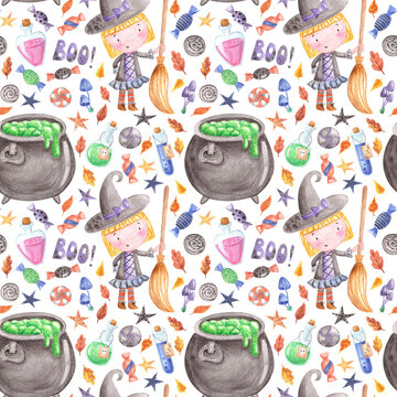 Watercolor Halloween seamless pattern with little girl in witch costume with broom,kettle with green liquid potion,sweets,candies,leaves.Party wrapping paper