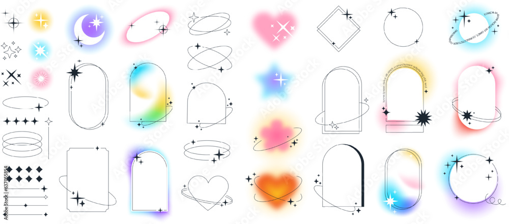Fototapete Modern aesthetic line elements, linear frames with blur gradients, blurry flower and heart aura shapes with stars. Minimal arch frame with sparkles, simple y2k style graphic design element vector set