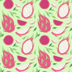 Fresh juicy red dragon fruit seamless pattern, fabric print with whole and half pitaya. Hand drawn packaging texture with healthy organic food, summer tropical exotic cactus fruits vector background