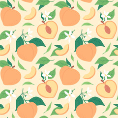 Sweet ripe peach fruit seamless pattern, fabric or package print with fresh juicy nectarine slices. Hand drawn texture with peaches, leaves and flowers, natural organic summer fruits vector background