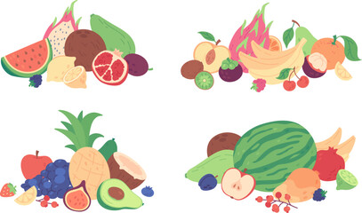 Tropical fruit piles, heap of various whole and half cut fruits and berries. Pile of healthy vitamin rich food, vegetarian diet, summer harvest, group of fresh organic ingredients vector set