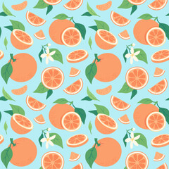 Tropical juicy oranges seamless pattern, fabric or wallpaper print with orange slices and flowers. Hand drawn texture with mandarin citrus fruits and leaves, exotic tangerine fruit vector background