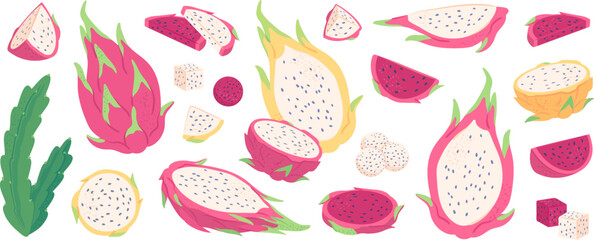 Fresh juicy yellow and red dragon fruit cubes and balls, ripe pitaya slices. Exotic cactus fruits, summer healthy organic food, vegetarian diet, whole and half dragon fruit vector set