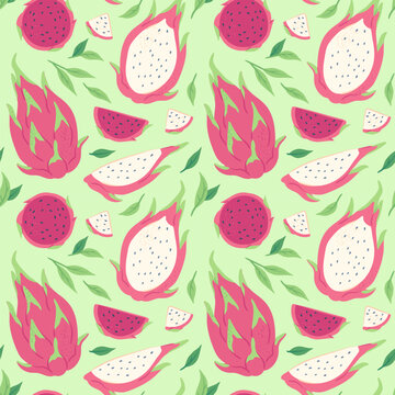 Fresh juicy red dragon fruit seamless pattern, fabric print with whole and half pitaya. Hand drawn packaging texture with healthy organic food, summer tropical exotic cactus fruits vector background