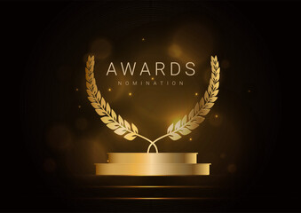 Award nomination template. Golden glowing scene with sparkles. Banner with podium and laurel leaves. Luxury background. Vector.
