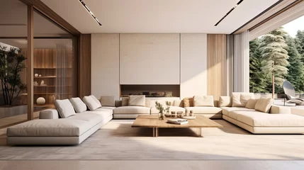 Selbstklebende Fototapete Chinesische Mauer house beautiful design interior creative stylish living room in contemporary natural white and beige colour scheme home interior design living room in daylight cosy and simple ideas,ai generate