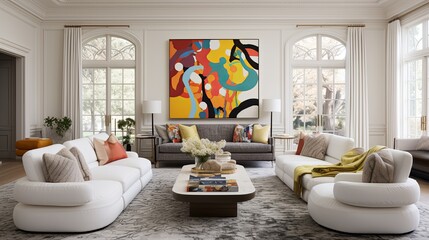 modern white luxury home interior design living room soft cosy sofa furniture with colorful artwork pinting photo frame accent on the wall with light from window curtain house beautiful,ai generate