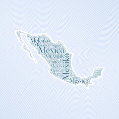 Fototapeta na wymiar Mexico shape formed by country name in multiple languages. Mexico border on stylish striped gradient background. Vibrant poster. Captivating vector illustration.