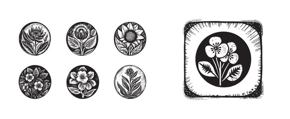 Set of scandi block print floral motif for vintage collection. Monochrome folk art botanical clip art group.  © Limolida Studio