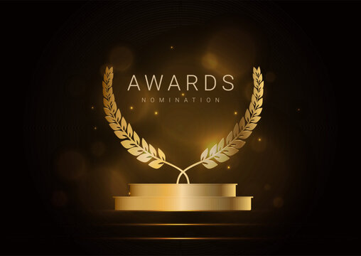 Award nomination template. Golden glowing scene with sparkles. Banner with podium and laurel leaves. Luxury background. Vector.