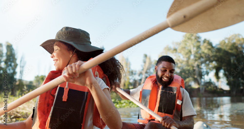 Sticker couple, kayak and boat on lake outdoor for sports adventure or nature travel trip. young man and wom