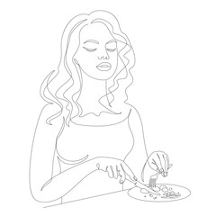 Silhouette of a girl. Lady eats with fork and knife in modern single line style. Continuous line drawing, decor outline, posters, stickers, logo. Vector illustrations.