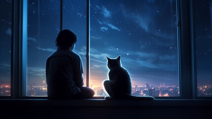 Silhouette of man and cat sitting on window sill at night