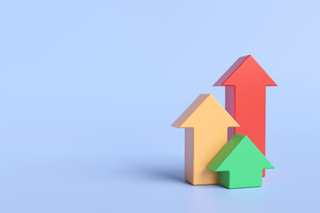 Arrow three colors pointing up on blue background. business idea represents the growth and the increase of money. profit on investment. 3D rendering illustration