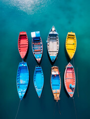 Aerial view of colorful wooden fishing boats on the sea in Thailand