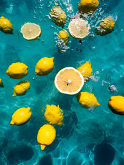 Obraz na płótnie Canvas Lemons floating on the water in a swimming pool. top view.