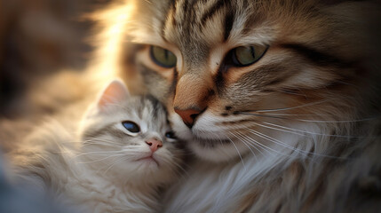 Mother cat and her little kitten, close-up. Selective focus.