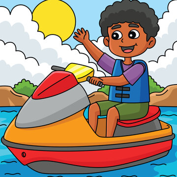 Boy Riding a Jet Ski Summer Colored Cartoon 
