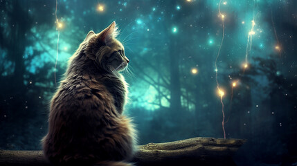 Cute cat sitting on a branch in the forest with magic lights