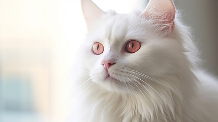 Portrait of white persian cat with amber eyes on window background