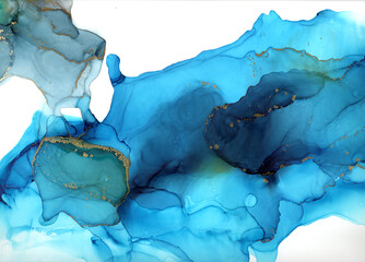Blue, gray fluid background. Fluid art. Abstract liquid painting background alcohol ink technique, blue and gold. Illustration for interior poster, flyer, invitation design.