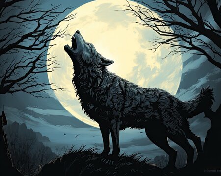 Fierce wolf howls under full moon's light.
