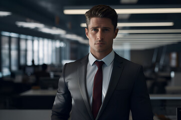 Fototapeta premium Portrait of a handsome businessman in a suit wearing tie in a quiet office.