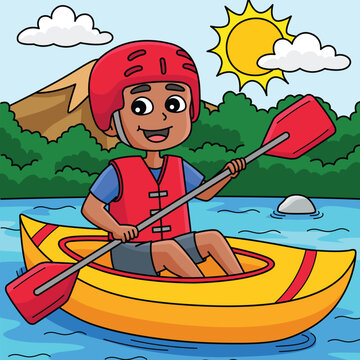 Boy Kayaking in Summer Colored Cartoon 