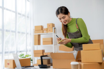 Asian businesswoman starting sme. Owner of a small online business SME Distribution warehouse with boxes SME Online Marketing and product packaging and delivery services.