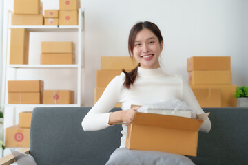 Asian businesswoman starting sme sits on the sofa at home. Small Online Business Owner, SME Work...