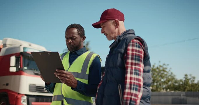 Truck driver talking to shipment supervisor. Two professional employees standing in front of big truck. Workers talking and perform technical inspection of vehicle before next drive.