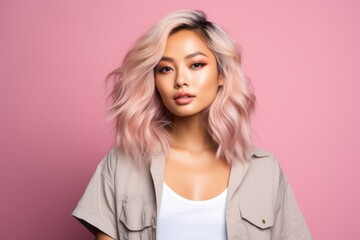 Naklejka premium Fictional Chinese Model with Pink Dyed Hair. Asian Woman Portrait Isolated on a Plain Colored Background. Generative AI.