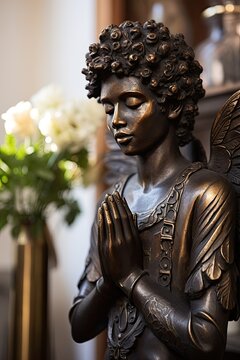 Sculpture of black female angel surrounded by flowers and garden plants