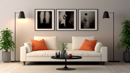 Living room interior with gray velvet sofa, armchair, floor lamp and plant on warm, sepia wall