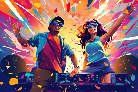 Illustration of girl and boy dancing at a rave neon party