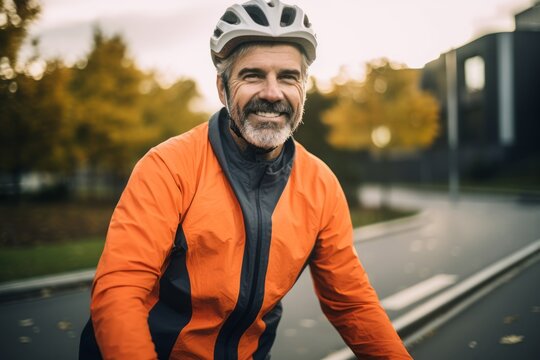 Portrait of senior man in sportive clothes with bicycle helmet outdoors.