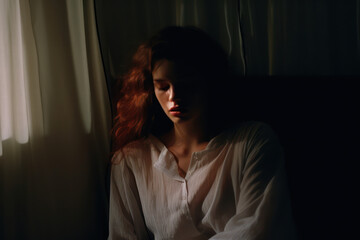 Obraz premium portrait of a woman/model/book character standing by a window in shadows with a thoughtful/sad expression -mental health, depression, therapy - in style film photography look - generative ai art